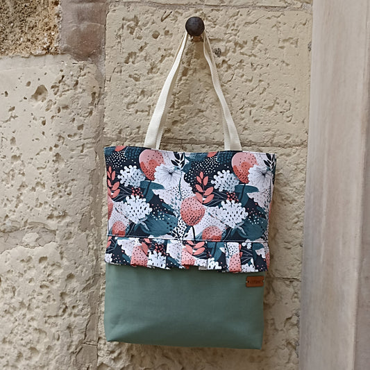 Shopper SOFFIONI e FIORI COLOR PESCA con base VERDE MENTA