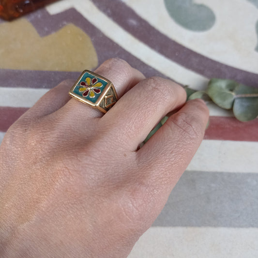 Anello CEMENTINA VERDE con PETALI BORDEAUX ed OCRA