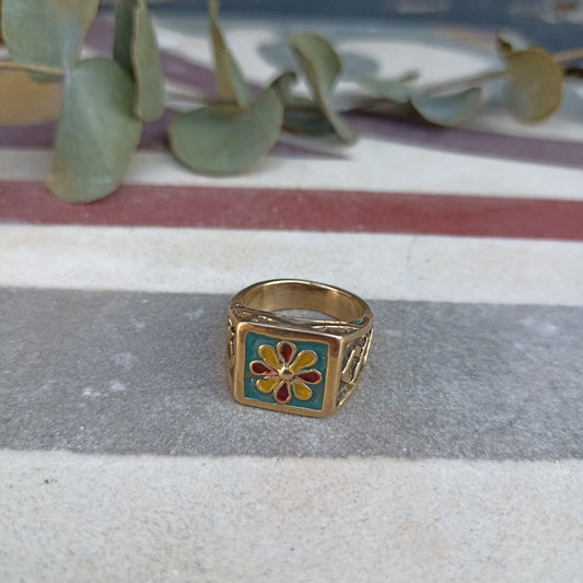 Anello CEMENTINA VERDE con PETALI BORDEAUX ed OCRA