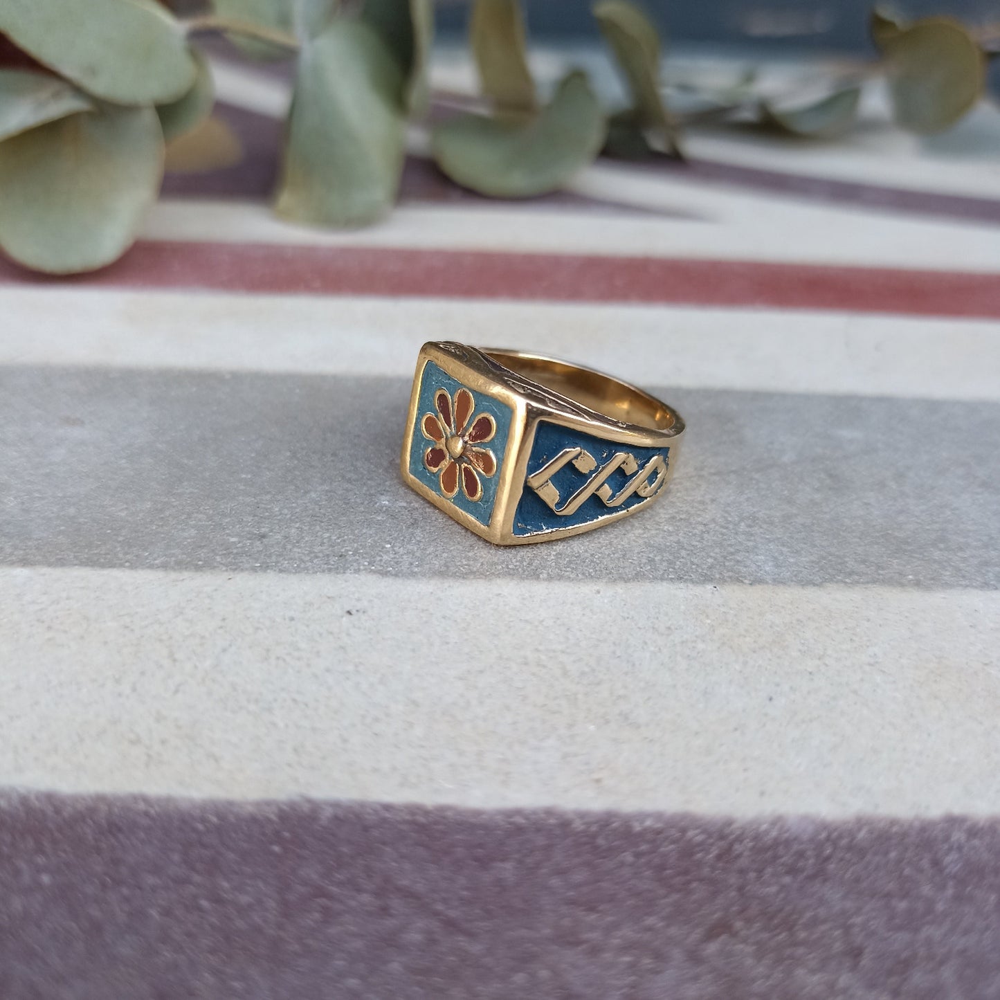 Anello CEMENTINA TURCHESE con PETALI BORDEAUX e ROSA ANTICO