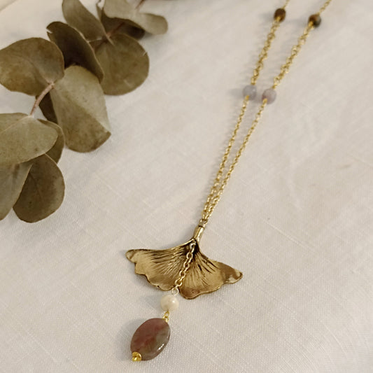 Collana FOGLIA di GINKGO con QUARZI e PICCOLE PERLE