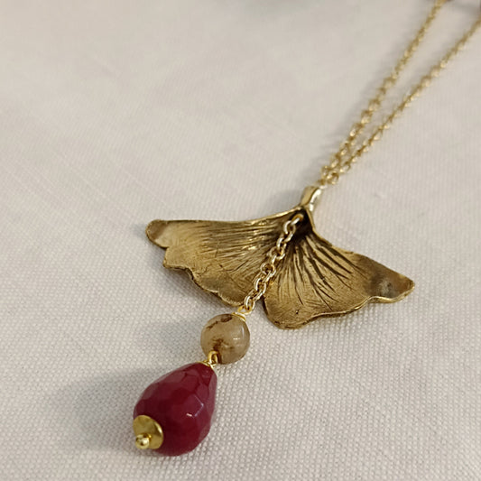 Collana FOGLIA di GINKGO con QUARZI e GRANATI