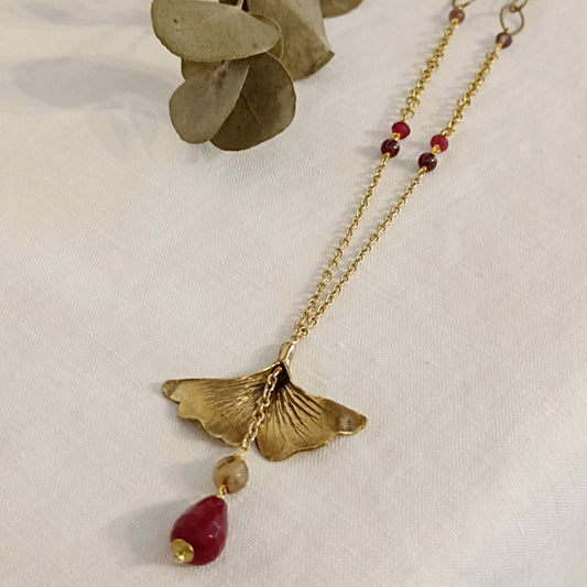 Collana FOGLIA di GINKGO con QUARZI e GRANATI